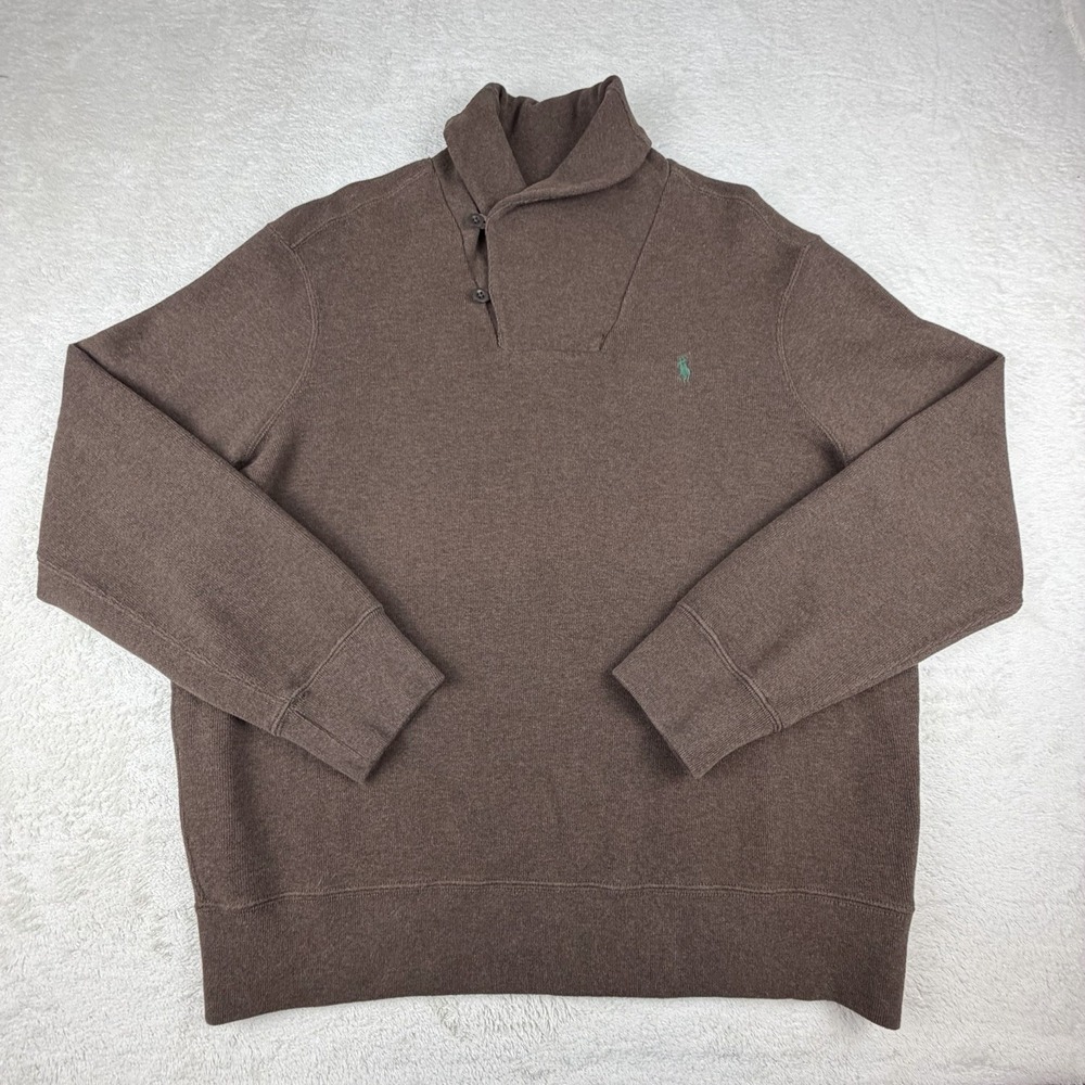 Polo Ralph Lauren Shawl Collar Sweater XL Brown Cotton Button Neck Pullover Pony